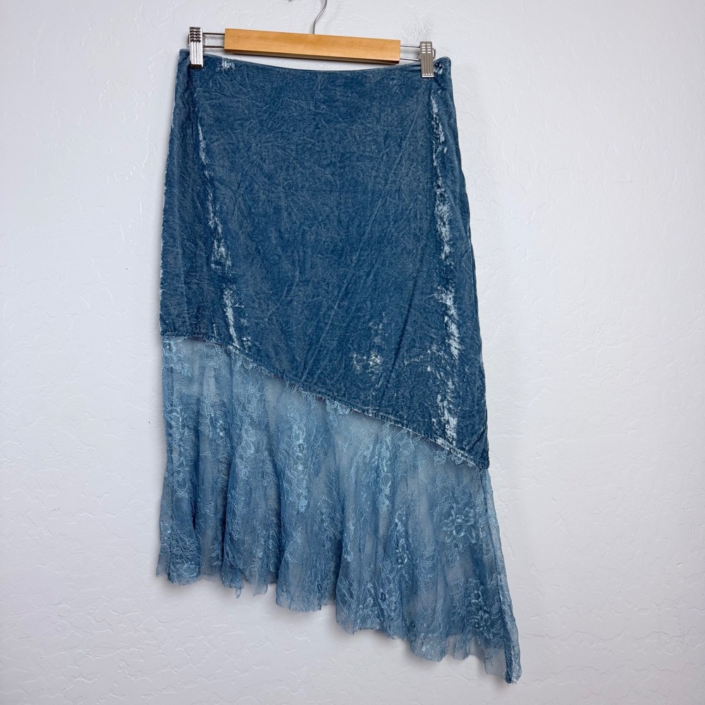 Free People Blue Crushed Velvet Lace Asymmetrical Midi Skirt Size 4 Boho